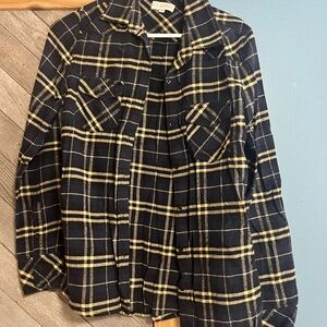Navy and Yellow Plaid Flannel Shirt